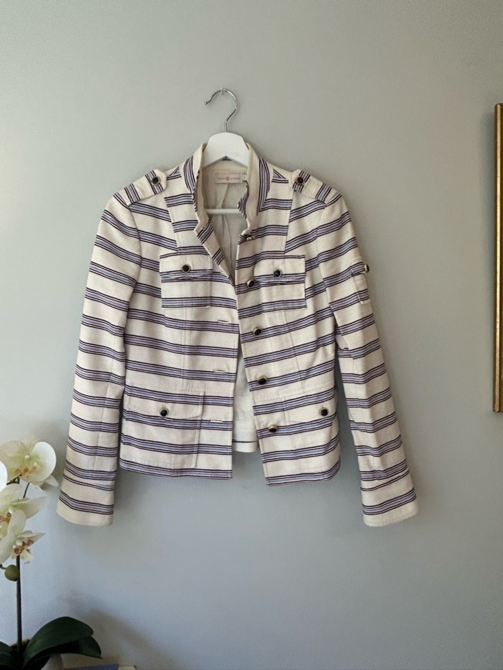 Tory Birch Striped Ivory and Navy Military-Style Women's Jacket - sz 2